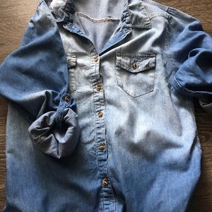 Denim shirt, denim shorts, and sandals